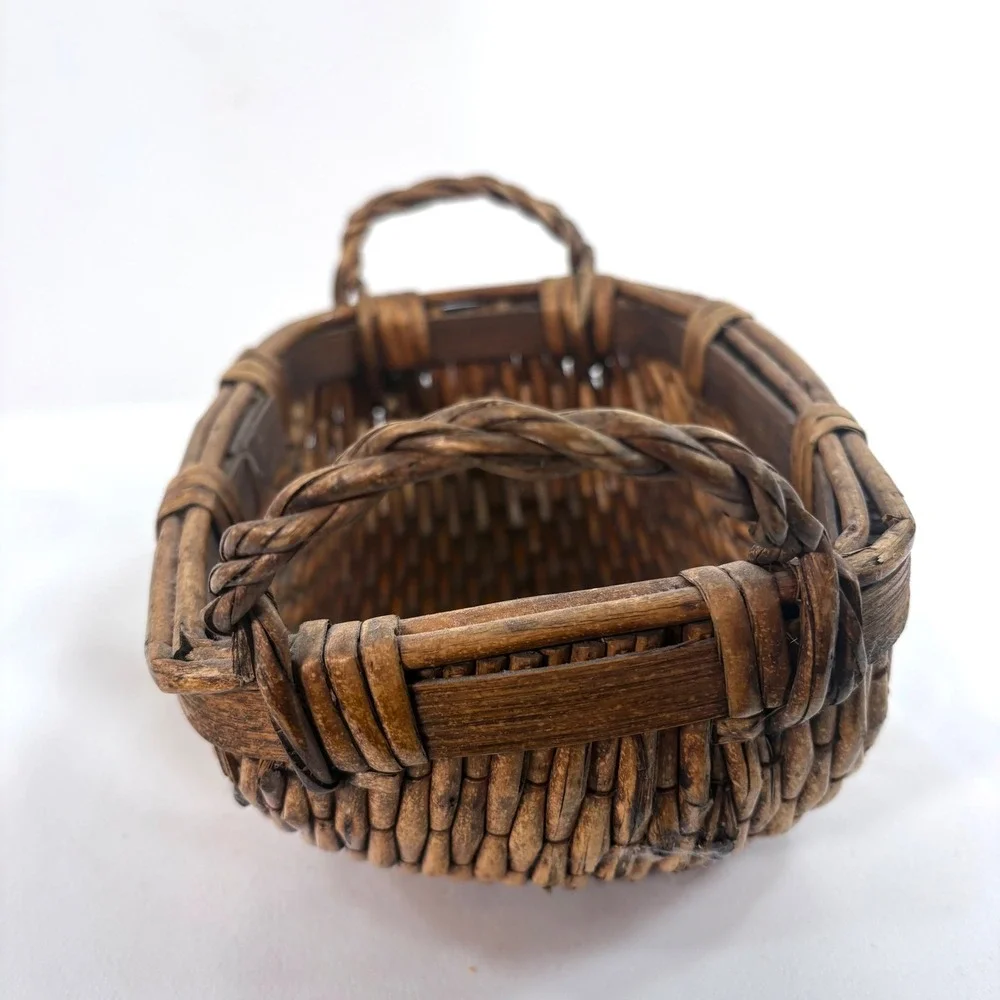 Vintage Chinese Woven Willow Basket Brown Woven Handles Wabi-Sabi